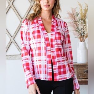 Heimish blazer jacket with pink and red plaid. Perfect for Valentine’s Day.